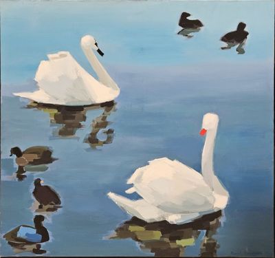a painting of swans and ducks floating in the water
