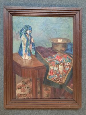 tableau représentant une table sur laquelle sont posés un vase et une nappe