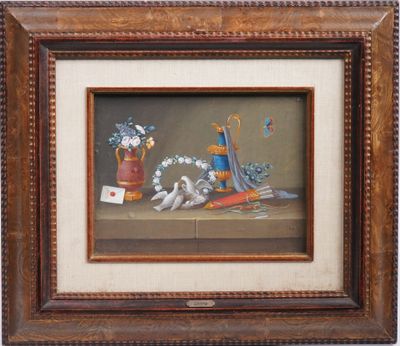 tableau représentant une nature morte composée de fleurs et d'un vase posés sur une table