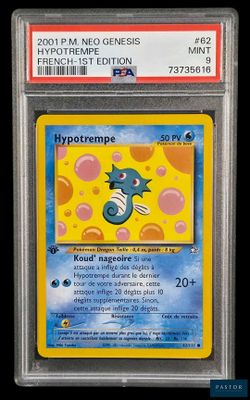un gros plan d'une carte Pokémon sur fond jaune