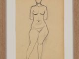 an image of a drawing of a woman standing in front of a wall
