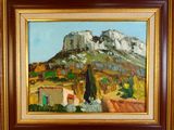 a painting of a mountain with a house and trees in the foreground