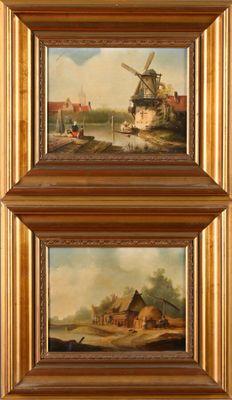 deux tableaux représentant un moulin à vent et un bateau sur une rivière