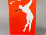 une plaque rouge sur laquelle figure la silhouette blanche d'un homme brandissant un club de golf