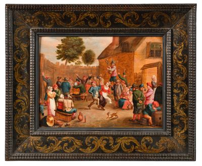 an oil painting of a group of people playing a game in a village