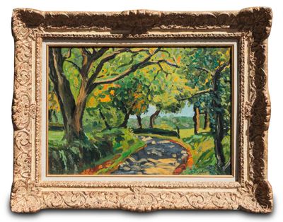 a painting of a path in a park with trees and bushes