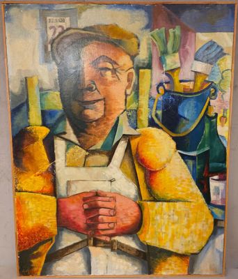 tableau représentant un homme en tablier tenant un verre de vin