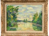 une peinture à l'huile représentant une scène de rivière avec un bateau dans l'eau
