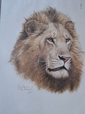dessin représentant une tête de lion sur une feuille de papier posée sur une table