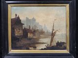 an image of a painting of a river scene with a boat in the foreground