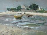 une peinture représentant deux bateaux dans l'eau, sur la plage