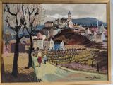 un tableau représentant des personnes marchant sur un chemin dans une ville