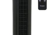 a black tower fan sitting on top of a black stand