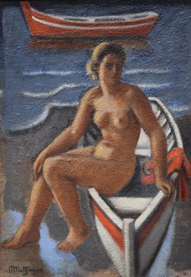 un tableau représentant une femme nue assise dans un bateau sur la plage