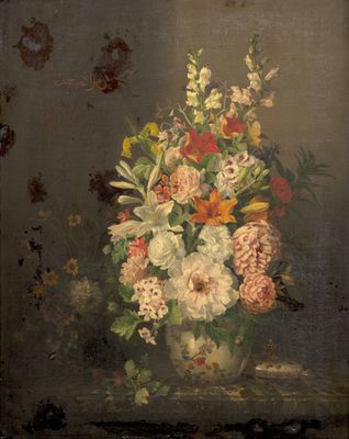une peinture de fleurs dans un vase sur une table