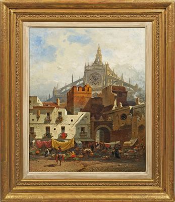 une image représentant une peinture d'une scène urbaine avec un château en arrière-plan