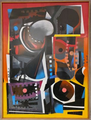 peinture abstraite composée de formes et de couleurs variées, dans un cadre en bois