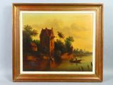 a painting of a river scene with a boat in the water