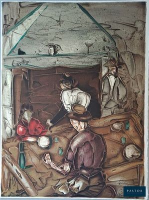 un tableau représentant un homme assis à une table avec d'autres personnes