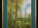a painting of a landscape with trees and a river in the foreground