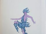 drawing of a woman in a blue dress is shown in an open book
