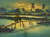painting of a man riding a horse across a bridge over a body of water