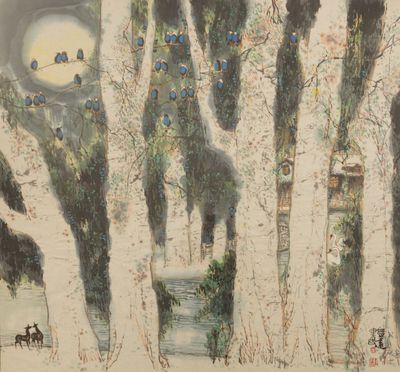 un tableau représentant un groupe d'arbres dans la neige