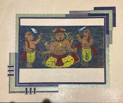 a painting on the wall of a building with a picture of a man and two women