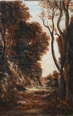 une image représentant un tableau d'une route boisée avec des arbres au premier plan