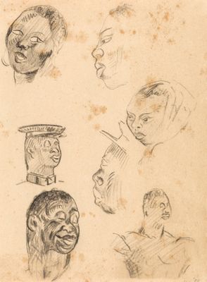 croquis représentant une tête d'homme et un visage de femme dans différentes poses