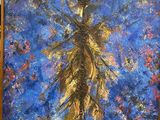 a painting of a person standing in front of a blue sky