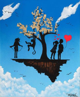 a painting of a group of people flying in the sky