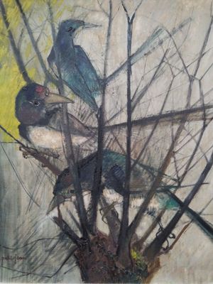 painting of three birds perched on a tree branch in a forest