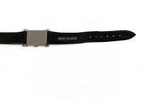 black leather watch strap with silver buckle on a white background