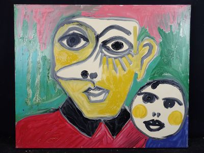 un tableau représentant un homme et un enfant sur fond noir