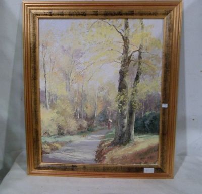 a painting of a road in a wooded area with trees