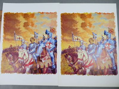 deux tableaux représentant des chevaliers à cheval, avec des drapeaux et des bannières