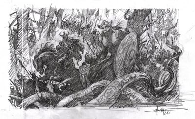 dessin représentant un groupe de personnes dans un champ avec un cheval