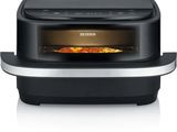 a close up of an oven with a pizza inside of it