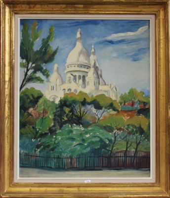 une peinture à l'huile représentant une église dans un parc, avec des arbres au premier plan