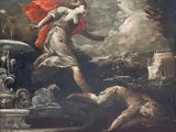 une image représentant un tableau où l'on voit une femme vêtue d'une cape rouge qui vole au-dessus d'un chien
