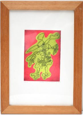 tableau représentant un oiseau sur fond rouge, dans un cadre en bois