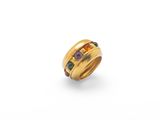 a gold ring with multi colored stones on a white background