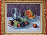 a painting of a plate of fruit and a pitcher on a table