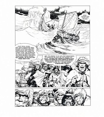 une page en noir et blanc d'une bande dessinée représentant un bateau sur l'eau