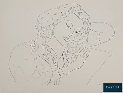an ink drawing of a woman reading a book with a hat on her head