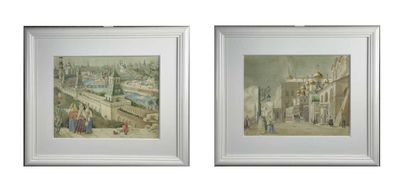 lot de deux aquarelles représentant une rue de la ville et un pont