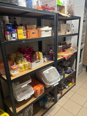 many shelves that have food on them in the kitchen