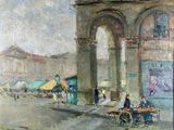 peinture représentant une scène de rue avec des personnages et un bâtiment