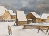 a painting of a woman walking in the snow